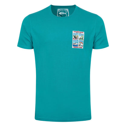 Front view of the small print on the front of a men's Weird Fish short sleeve James Pond printed t-shirt in Deep Teal