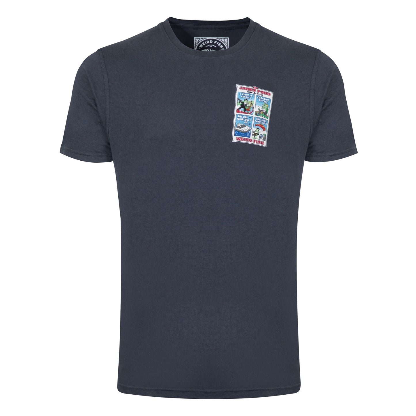 Front view of the small print on the front of a men's Weird Fish short sleeve James Pond printed t-shirt in Navy