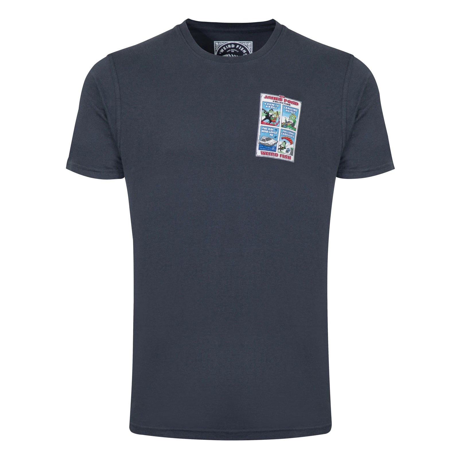 Front view of the small print on the front of a men's Weird Fish short sleeve James Pond printed t-shirt in Navy