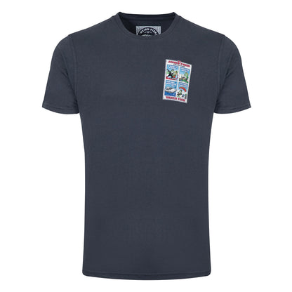 Front view of the small print on the front of a men's Weird Fish short sleeve James Pond printed t-shirt in Navy