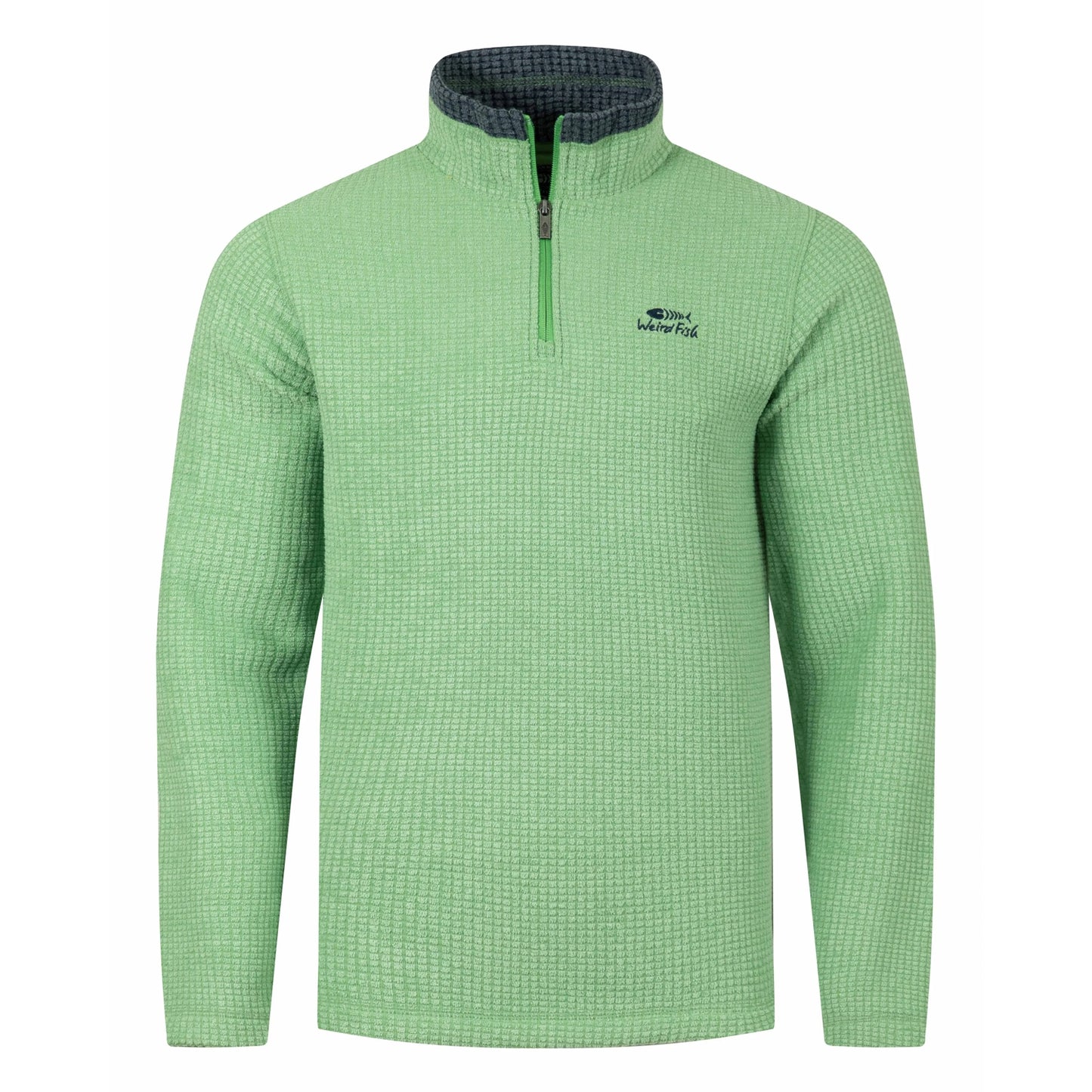 Front view of a mens Weird Fish 1/4 zip Newark grid fleece in grass green with small chest logo and contrast neckline