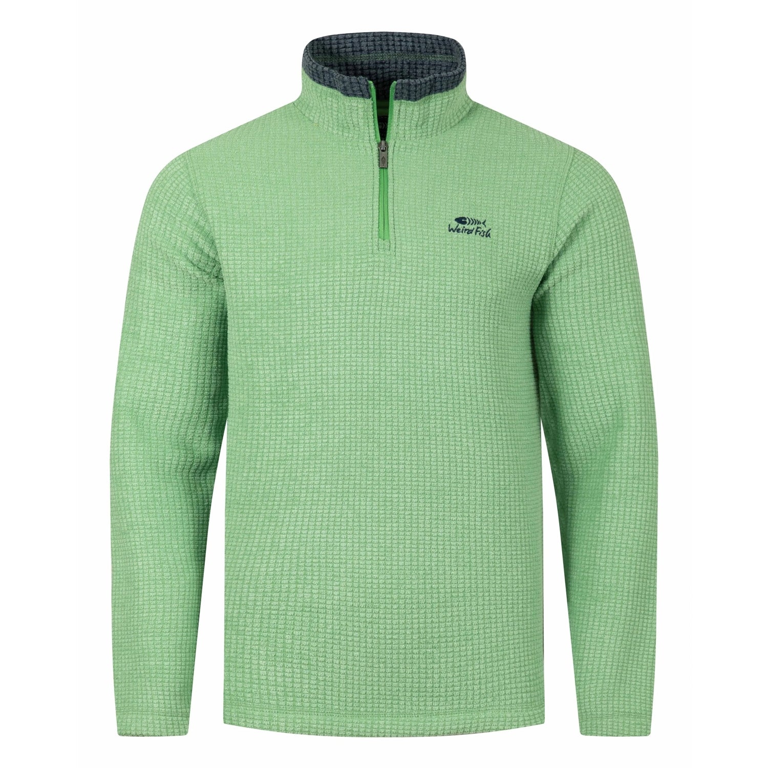 Front view of a mens Weird Fish 1/4 zip Newark grid fleece in grass green with small chest logo and contrast neckline