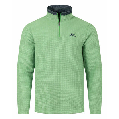 Front view of a mens Weird Fish 1/4 zip Newark grid fleece in grass green with small chest logo and contrast neckline