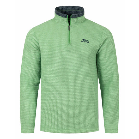 Front view of a mens Weird Fish 1/4 zip Newark grid fleece in grass green with small chest logo and contrast neckline