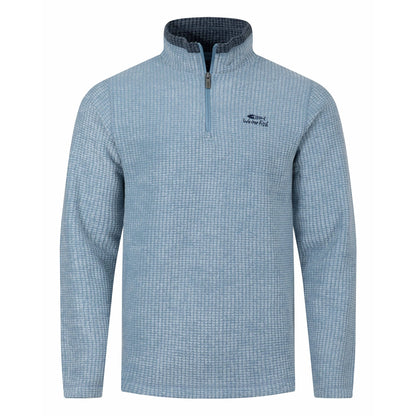 Front view of a mens Weird Fish 1/4 zip Newark grid fleece in light blue with small chest logo and contrast neckline
