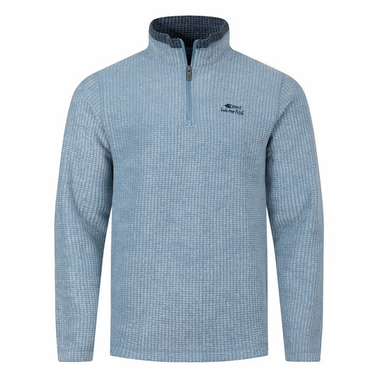 Front view of a mens Weird Fish 1/4 zip Newark grid fleece in light blue with small chest logo and contrast neckline