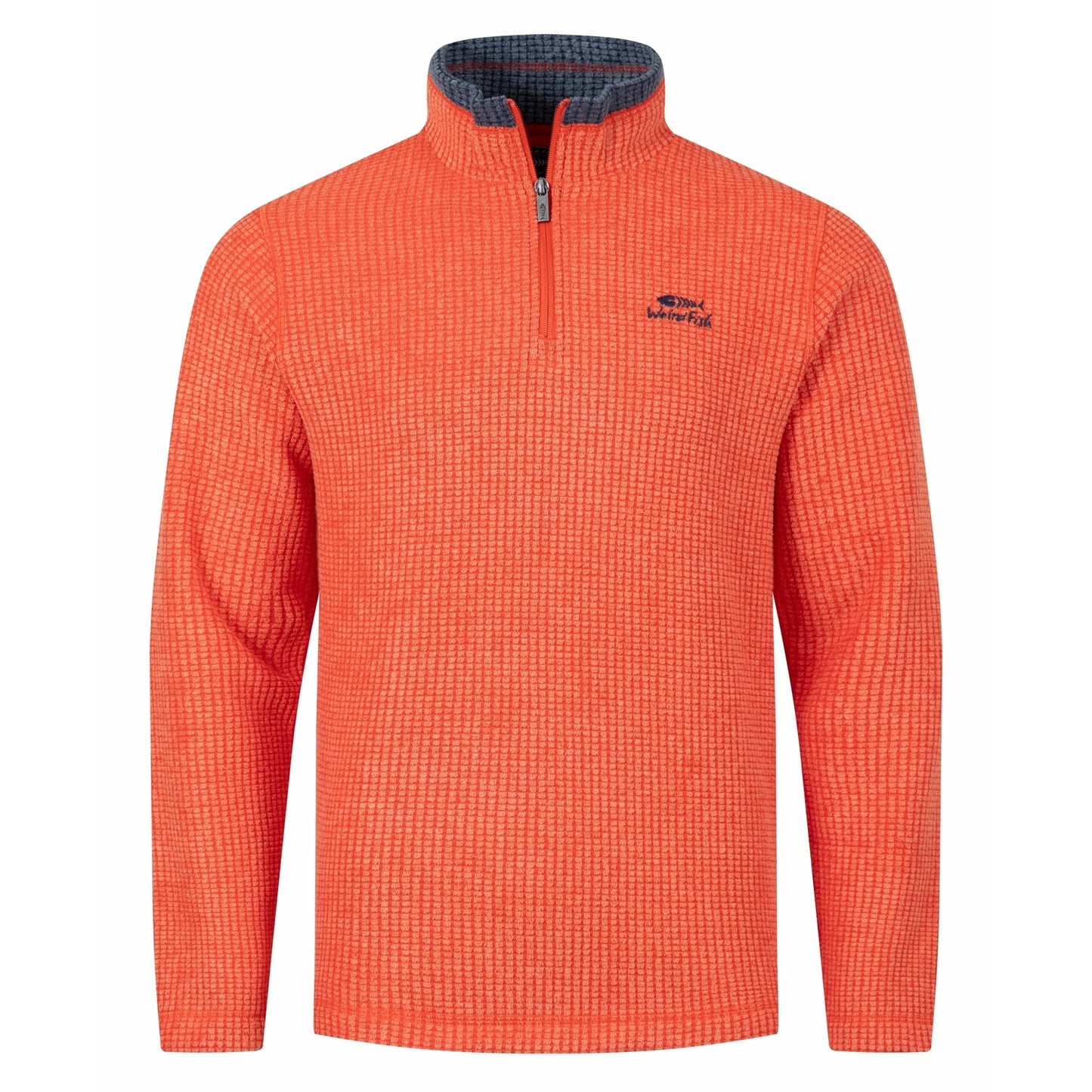 Front view of a mens Weird Fish 1/4 zip Newark grid fleece in Orange Spice with small chest logo and contrast neckline