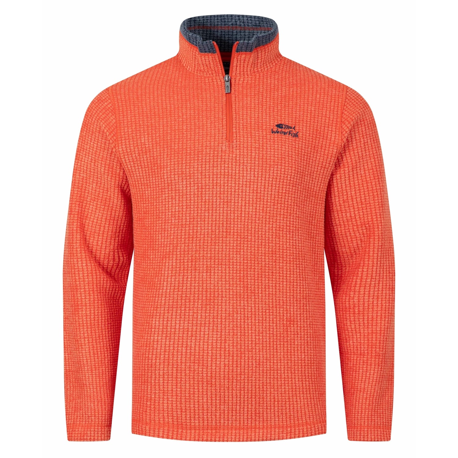 Front view of a mens Weird Fish 1/4 zip Newark grid fleece in Orange Spice with small chest logo and contrast neckline