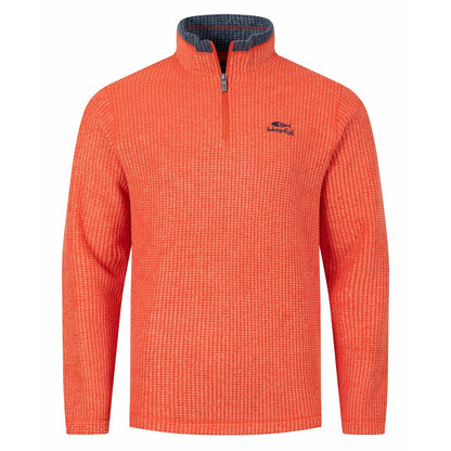 Front view of a mens Weird Fish 1/4 zip Newark grid fleece in Orange Spice with small chest logo and contrast neckline