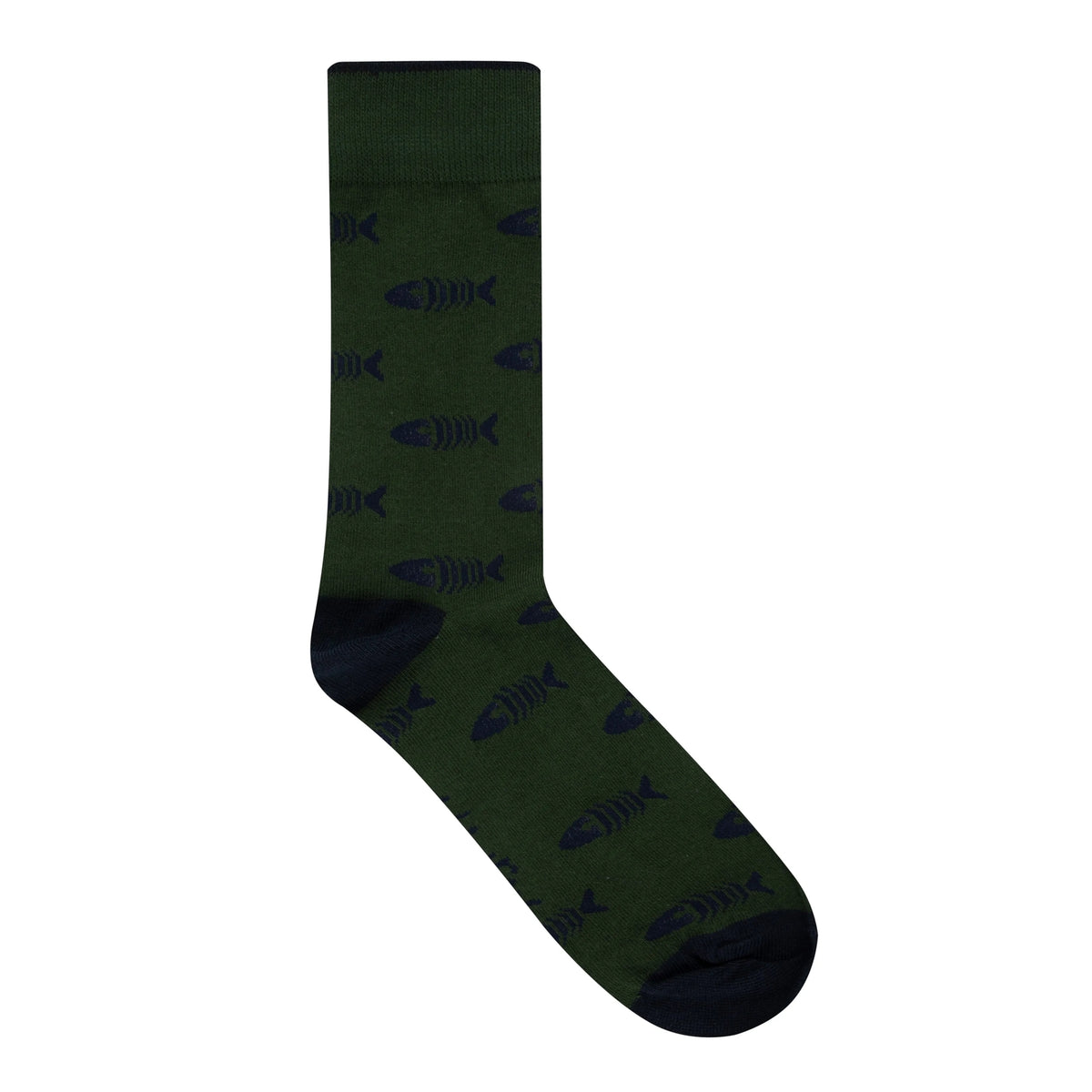 A men's Weird Fish Ronan sock in dark green with a fishbones pattern.