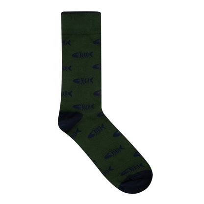 A men's Weird Fish Ronan sock in dark green with a fishbones pattern.