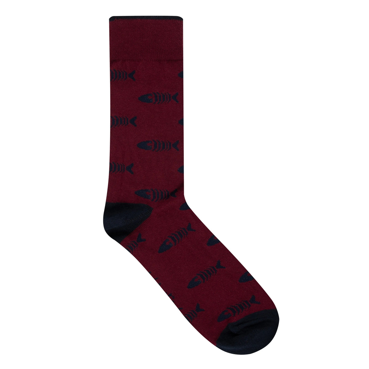 A men's Weird Fish Ronan sock in dark red with a fishbones pattern.