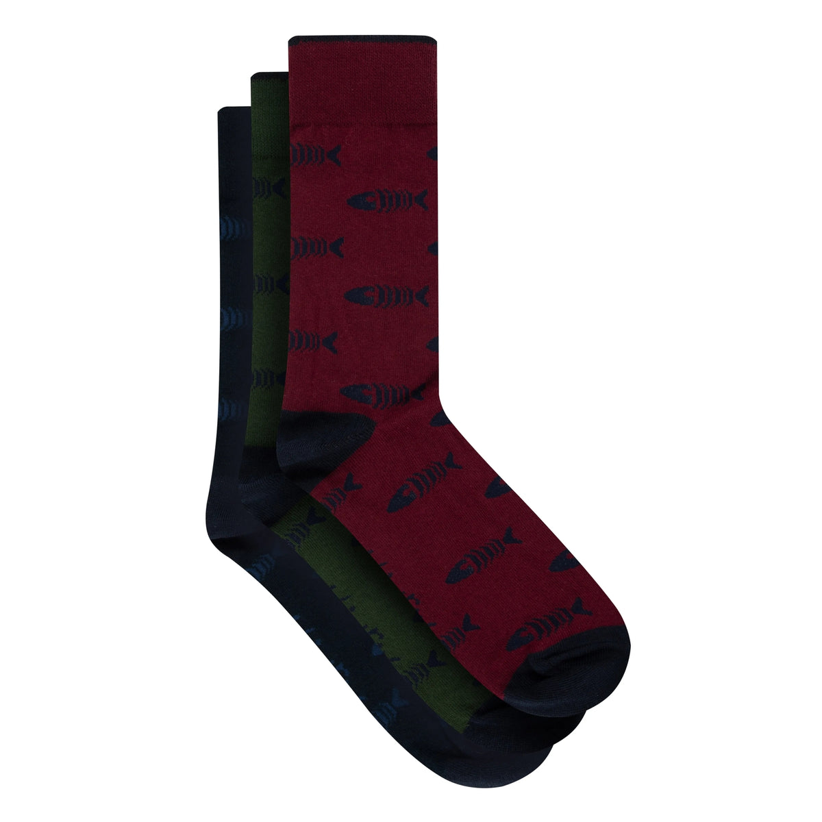 Main front view of a three pack of men's Weird Fish Ronan socks in red, green and black with a fishbones pattern.