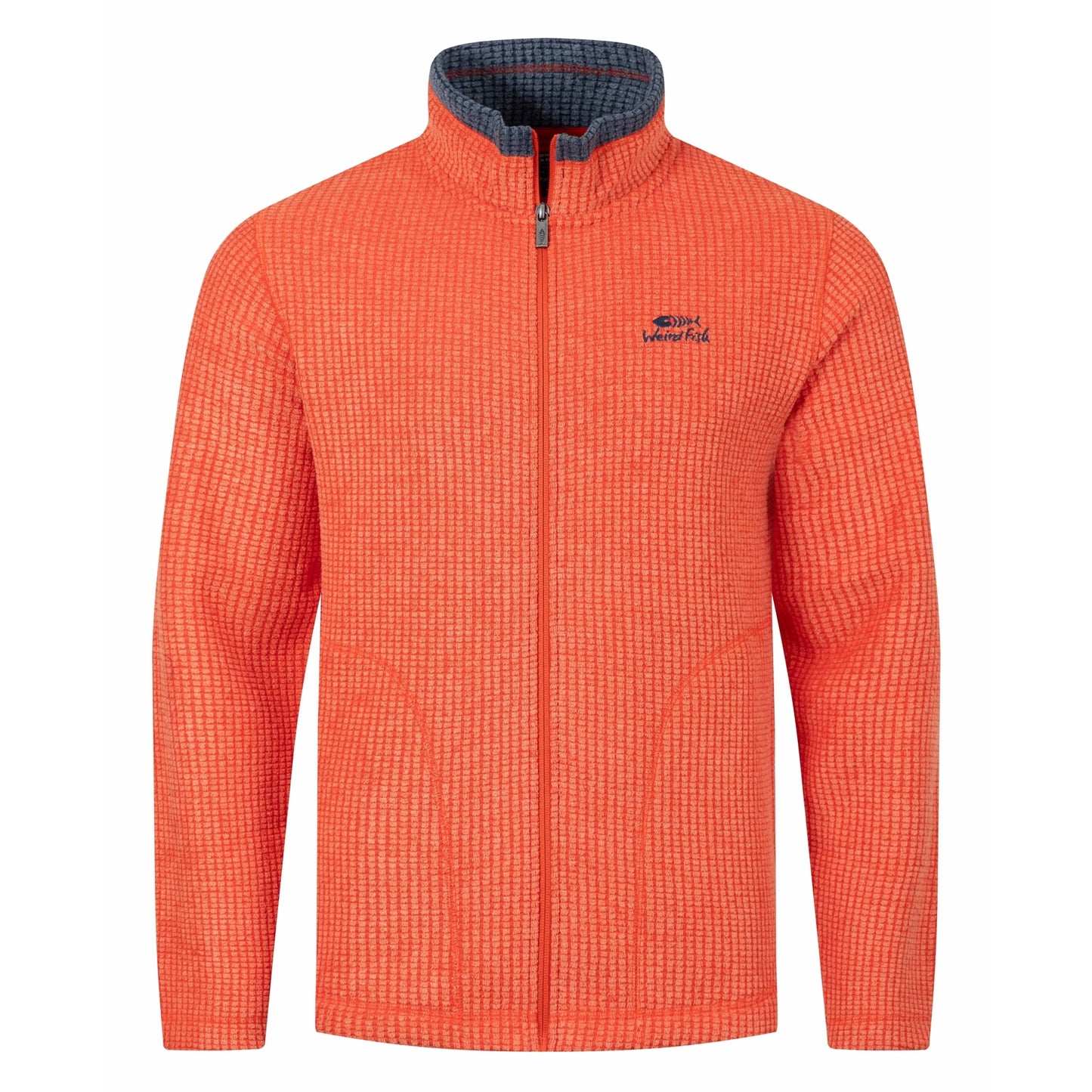Front view of a mens Weird Fish full zip Shires grid textured fleece in bright Orange Spice with contrasting navy neckline and small chest logo
