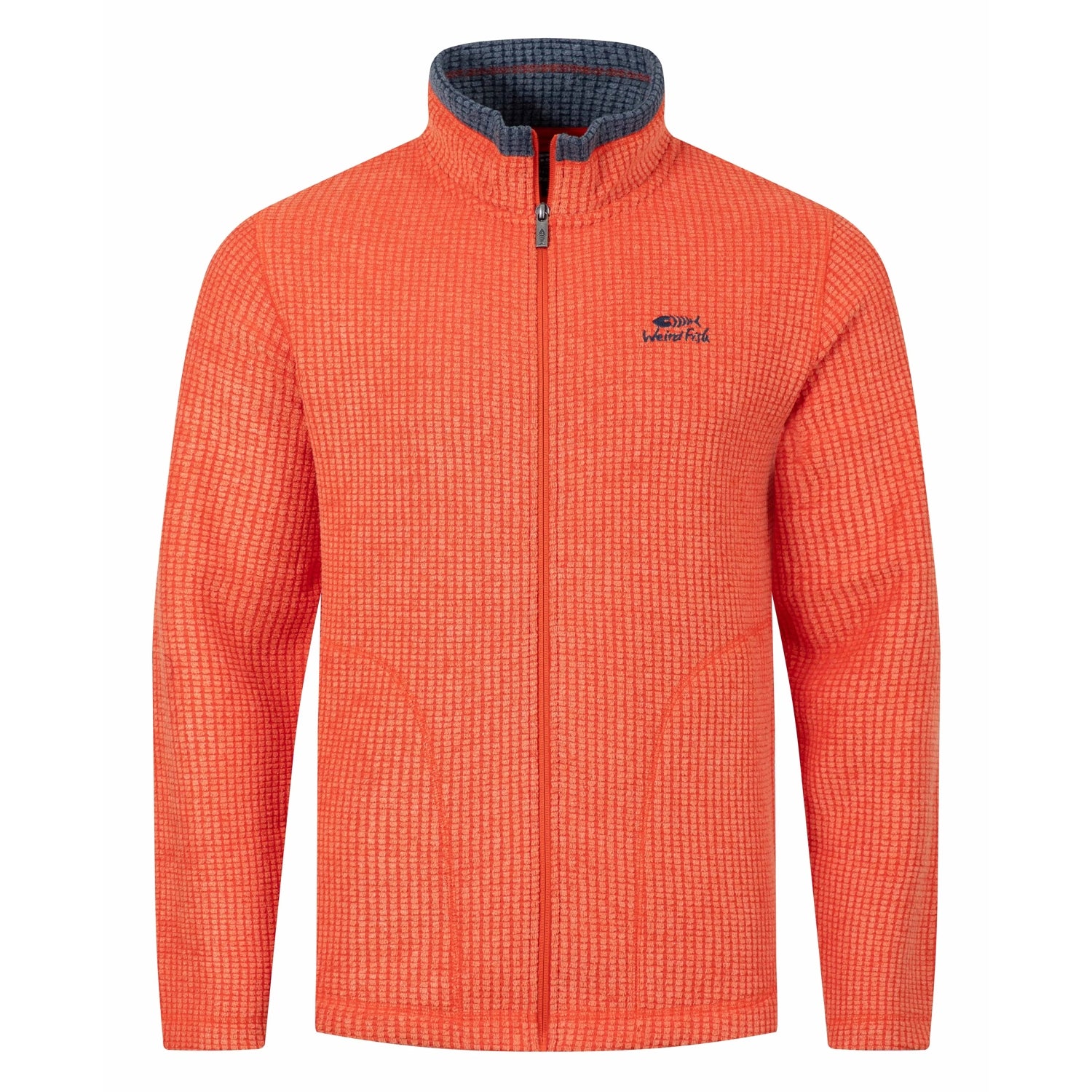 Front view of a mens Weird Fish full zip Shires grid textured fleece in bright Orange Spice with contrasting navy neckline and small chest logo