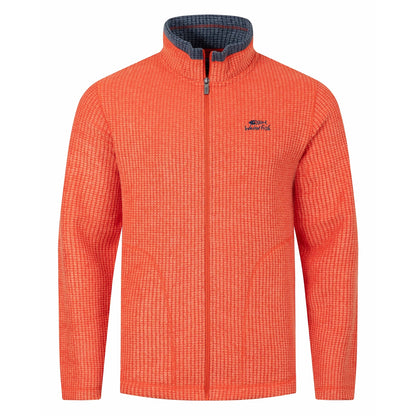 Front view of a mens Weird Fish full zip Shires grid textured fleece in bright Orange Spice with contrasting navy neckline and small chest logo
