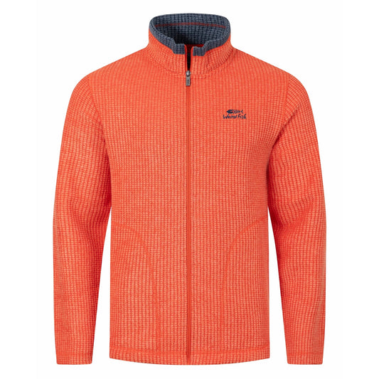 Front view of a mens Weird Fish full zip Shires grid textured fleece in bright Orange Spice with contrasting navy neckline and small chest logo