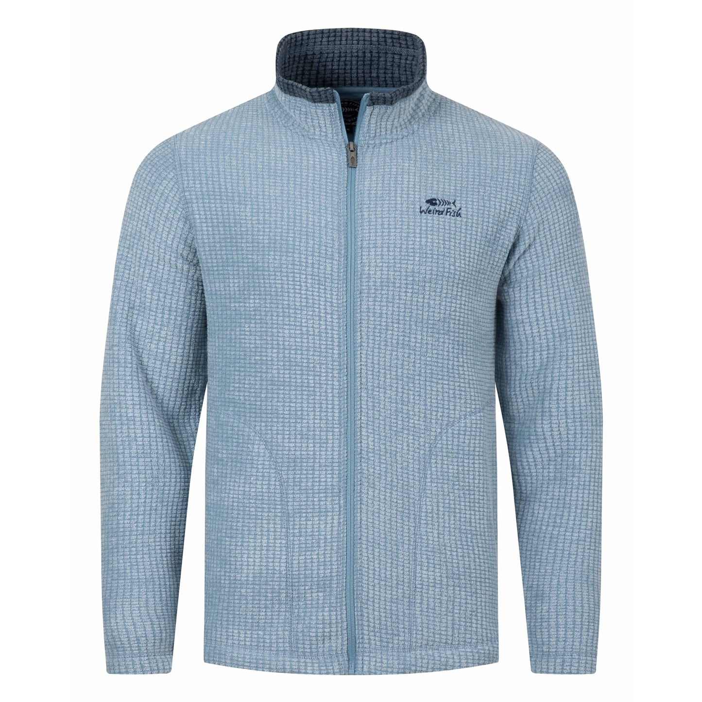 Front view of a mens Weird Fish full zip Shires grid textured fleece in Light Blue with contrasting navy neckline and small chest logo