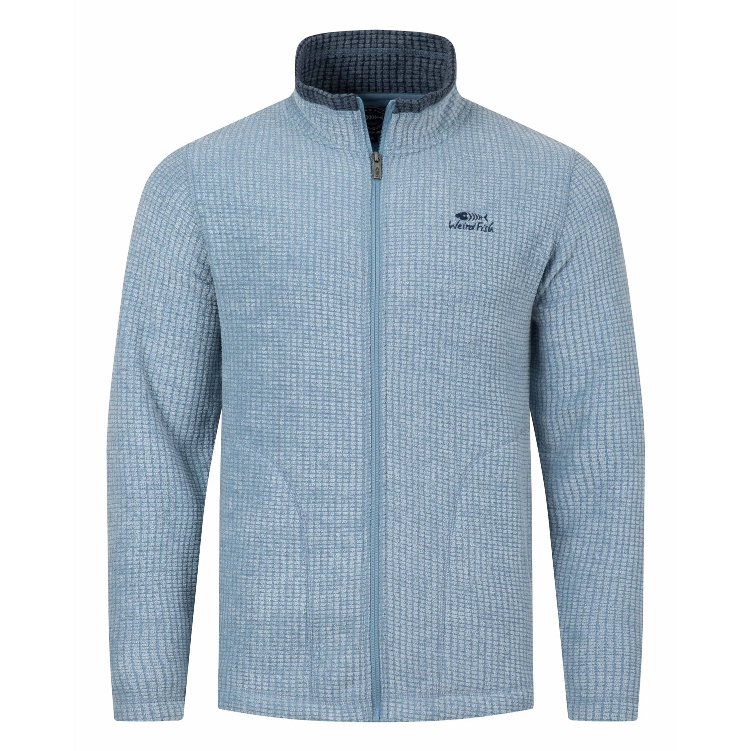 Front view of a mens Weird Fish full zip Shires grid textured fleece in Light Blue with contrasting navy neckline and small chest logo