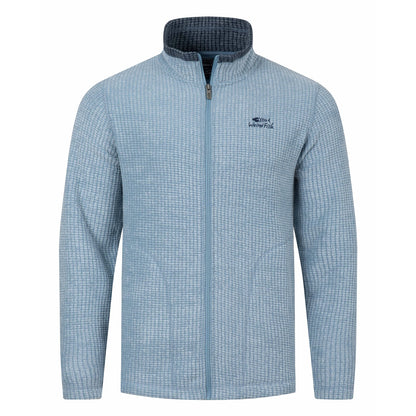 Front view of a mens Weird Fish full zip Shires grid textured fleece in Light Blue with contrasting navy neckline and small chest logo