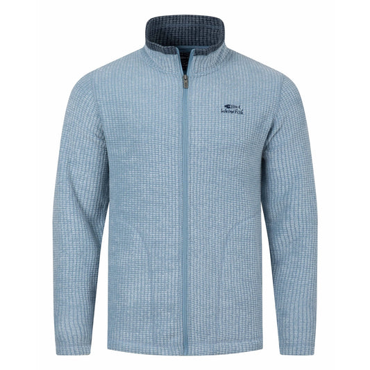 Front view of a mens Weird Fish full zip Shires grid textured fleece in Light Blue with contrasting navy neckline and small chest logo