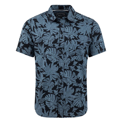 Front view of a men's Weird Fish short sleeve Faraway shirt in Blue Mirage with a tropical leaf pattern