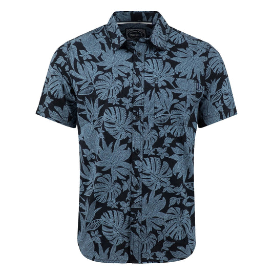 Front view of a men's Weird Fish short sleeve Faraway shirt in Blue Mirage with a tropical leaf pattern