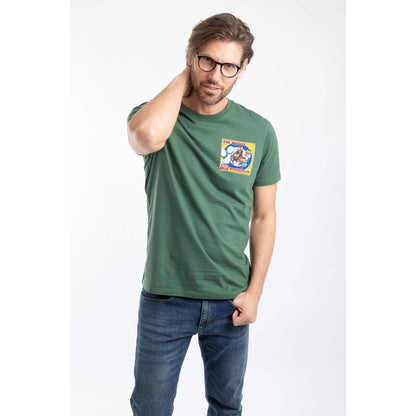 Front view of a man wearing a Weird Fish short sleeve The Whoot 'My Heneration' printed t-shirt in Dusky Green