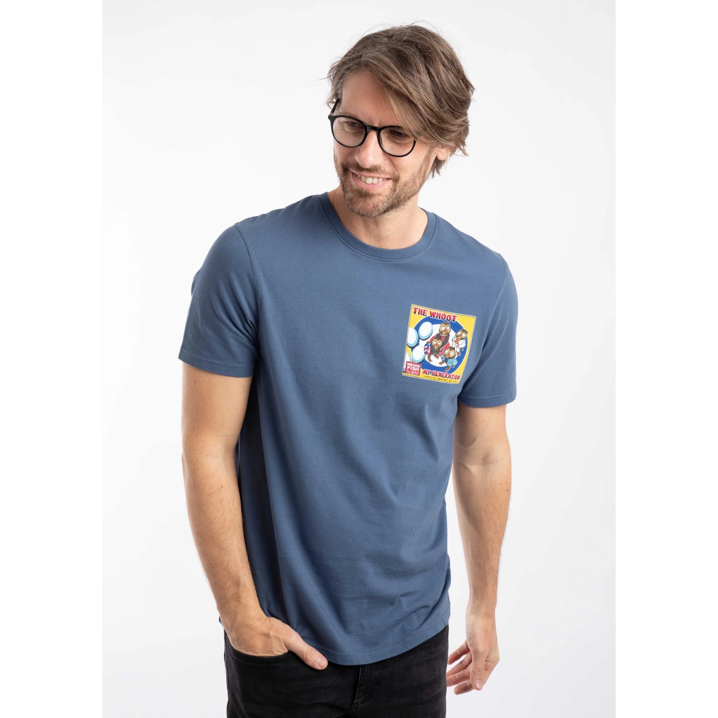 Front view of a man wearing a Weird Fish short sleeve The Whoot 'My Heneration' printed t-shirt in Ensign Blue