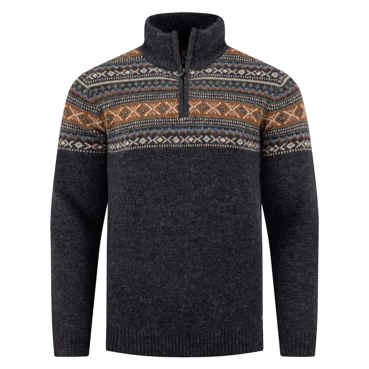 Front view of a mens Weird Fish 1/4 zip Larner knitted jumper in Midnight Navy with a Fair Isle pattern across the chest and shoulders.