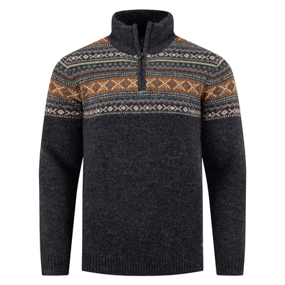 Front view of a mens Weird Fish 1/4 zip Larner knitted jumper in Midnight Navy with a Fair Isle pattern across the chest and shoulders.