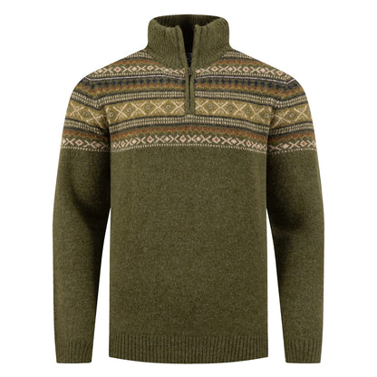 Front view of a mens Weird Fish 1/4 zip Larner knitted jumper in Winter Green with a Fair Isle pattern across the chest and shoulders.