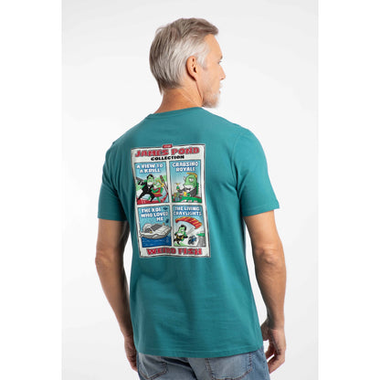 Back view of a man wearing a Weird Fish short sleeve James Pond printed t-shirt in Deep Teal