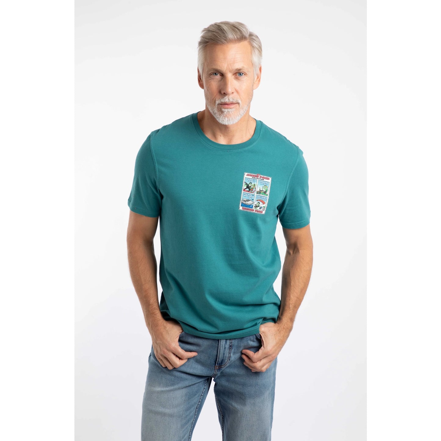 Front view of a man wearing a Weird Fish short sleeve James Pond printed t-shirt in Deep Teal