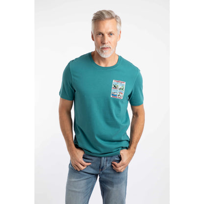 Front view of a man wearing a Weird Fish short sleeve James Pond printed t-shirt in Deep Teal