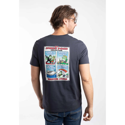 Back view of a man wearing a Weird Fish short sleeve James Pond printed t-shirt in Navy