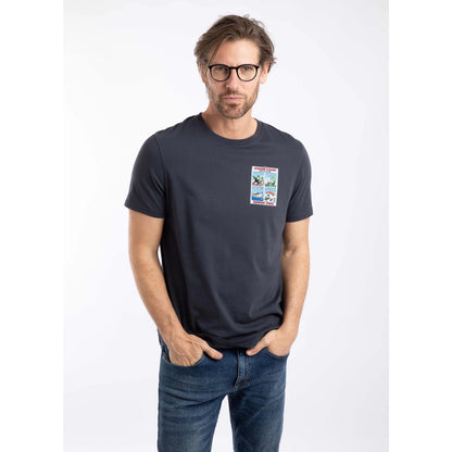 Front view of a man wearing a Weird Fish short sleeve James Pond printed t-shirt in Navy