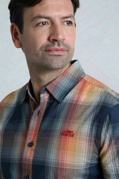 Weird Fish mens Judd check shirt Ensign Blue worn by male model showing front and collar details