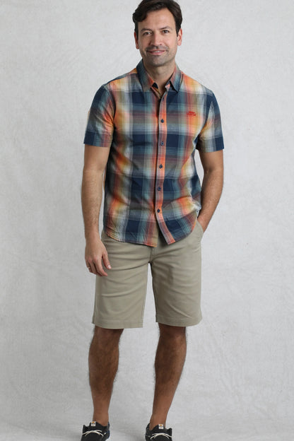 Weird Fish mens Judd check shirt Ensign Blue short sleeve casual shirt worn by male model