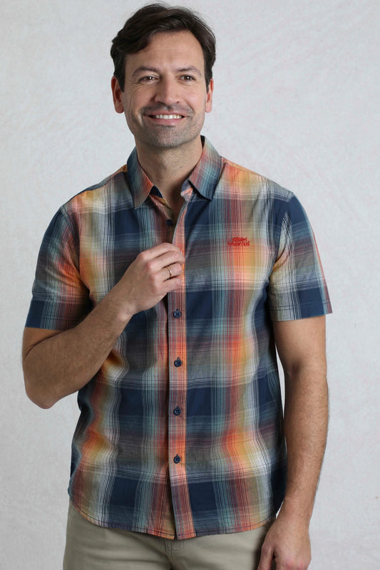 Weird Fish mens Judd check shirt Ensign Blue short sleeve casual plaid shirt on smiling man