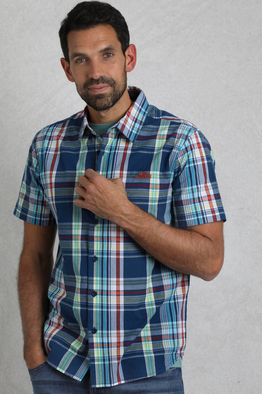 Front view of a Weird Fish mens Judd check shirt Estate Blue with short sleeves and multicolour plaid pattern
