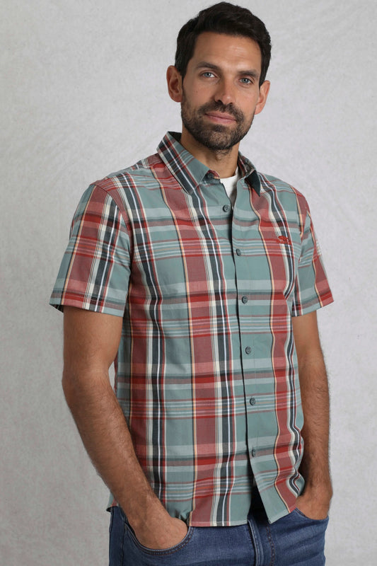 Front view of a Weird Fish mens Judd check shirt Mineral Blue short sleeve casual button-up shirt