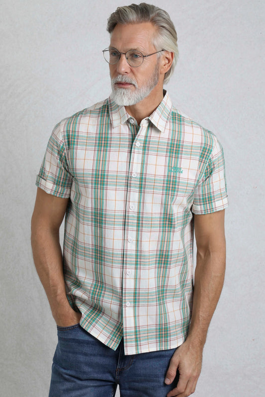 Weird Fish mens Judd check shirt Viridis Green short sleeve casual button-up shirt on male model