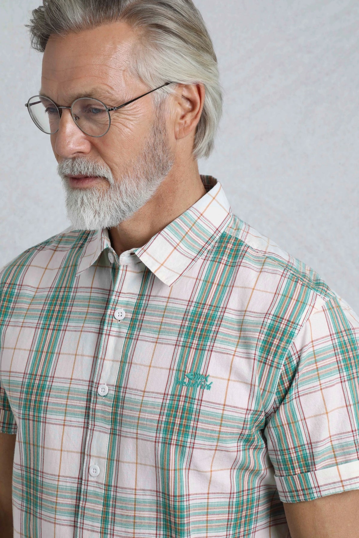 Weird Fish mens Judd check shirt Viridis Green short sleeve button-up with green and orange plaid pattern