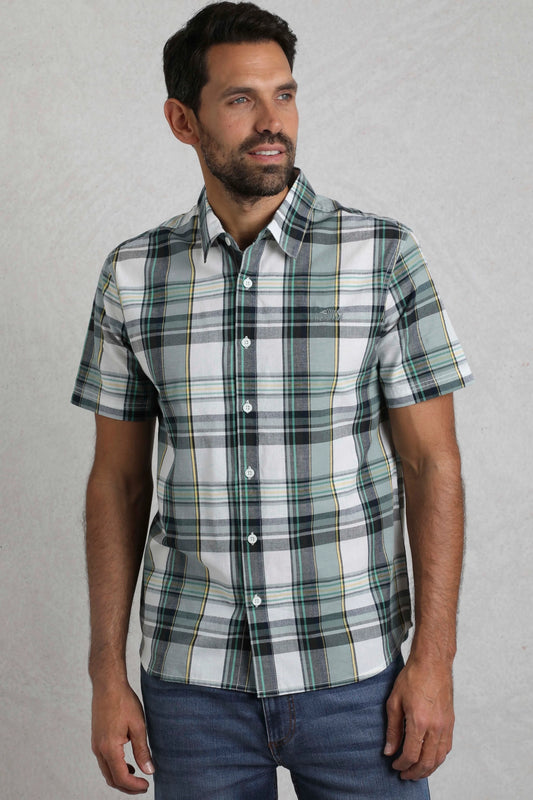 Front view of a Weird Fish mens Judd check shirt in White worn by male model with short sleeves and button front