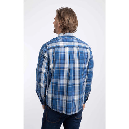 Back view of a man wearing a Weird Fish long sleeve Lando shirt, in a blue, navy and white check pattern.