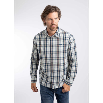 Front view of a man wearing a Weird Fish long sleeve Lando shirt, in Off White with a navy, green and orange check pattern.