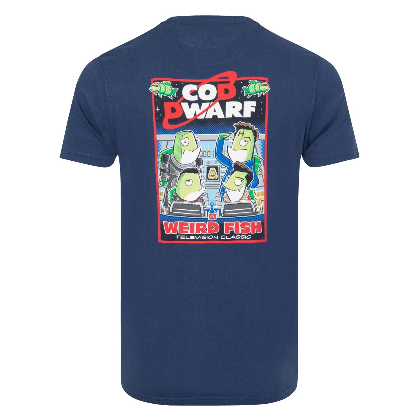 Main back view of a Weird Fish men's Cod Dwarf printed short sleeve t-shirt in Dark Blue.