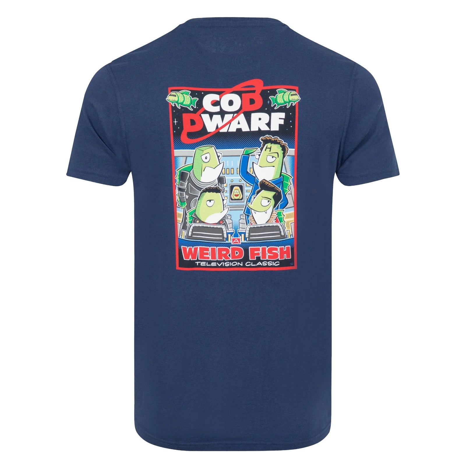 Main back view of a Weird Fish men's Cod Dwarf printed short sleeve t-shirt in Dark Blue.