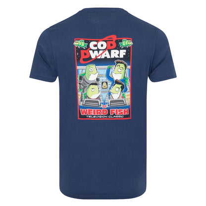 Main back view of a Weird Fish men's Cod Dwarf printed short sleeve t-shirt in Dark Blue.